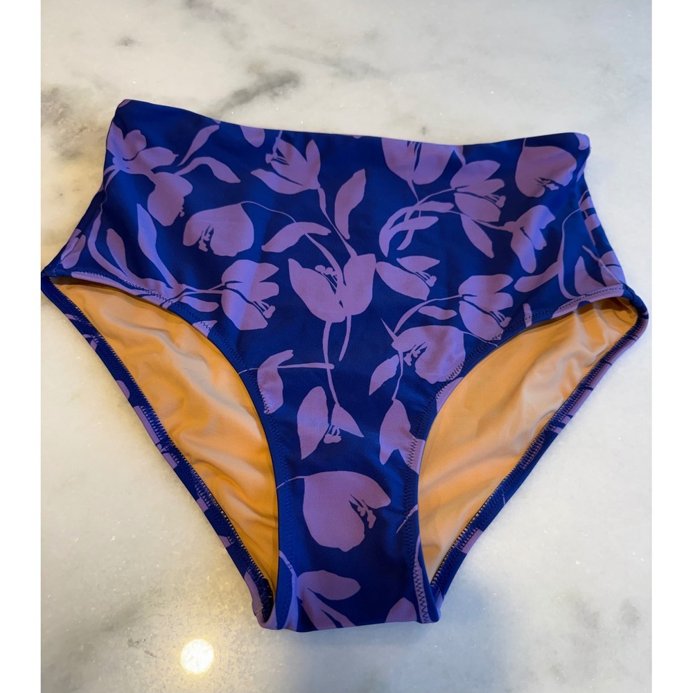 J. Crew Womens High Waisted Bikini Bottom Blue Purple Floral Swim BD859 Size M